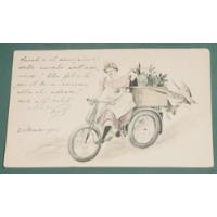Antigua Postal Postcards Dama En Moto Triciclo Flores 1905, usado segunda mano  Argentina