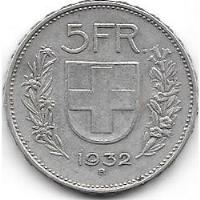 Moneda De Suiza 5 Francos De Plata  Año 1932 Muy Buena segunda mano  Argentina